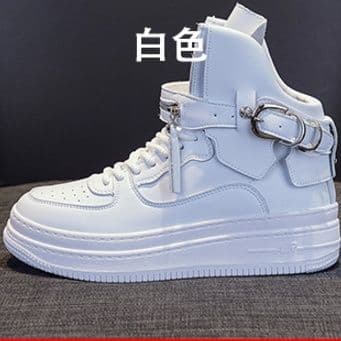 【独創的デザイン】ベルト＆ジップ ハイカットスニーカー | メンズ 白 モード パンク ロック 厚底 デザイナーズ風