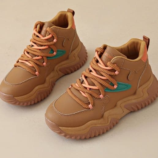 【ポップ・ボリューム】厚底スニーカー ベージュ×オレンジ | チャンキーソール 異素材ミックス カジュアル ストリート