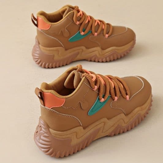 【ポップ・ボリューム】厚底スニーカー ベージュ×オレンジ | チャンキーソール 異素材ミックス カジュアル ストリート