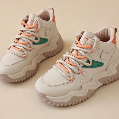 【ポップ・ボリューム】厚底スニーカー ベージュ×オレンジ | チャンキーソール 異素材ミックス カジュアル ストリート