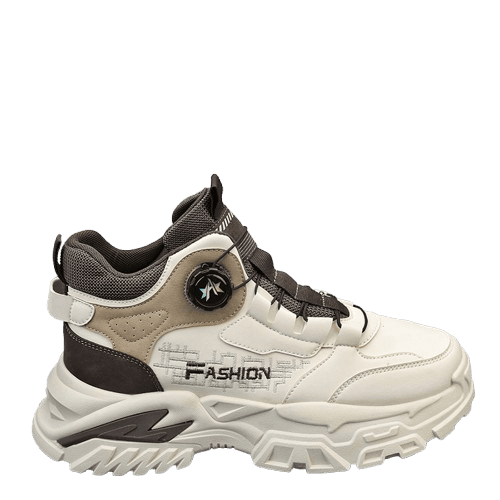 【ハイテク・アーバン】ダイヤル式フリーロック・ダッドスニーカー エクリュ×ダークブラウン | 多層パネル構造 ギザギザ・チャンキーソール ストリート・テックウェア