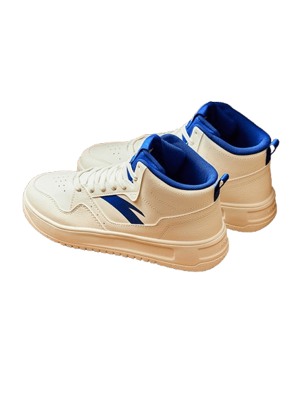 【スカイ・コンラスト】ミッドカット バスケットスニーカー オフホワイト×ブルー | スムースレザー・レイヤード ヘリテージ・スポーツ