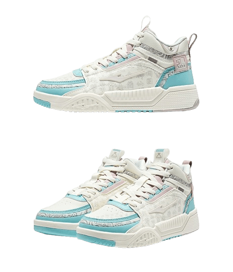 ハイカットスニーカー 和風模様入り 青白 スポーツ 存在感 ボリュームソール カジュアル 目立つ 通勤 通学 デイリーユース 履きやすい