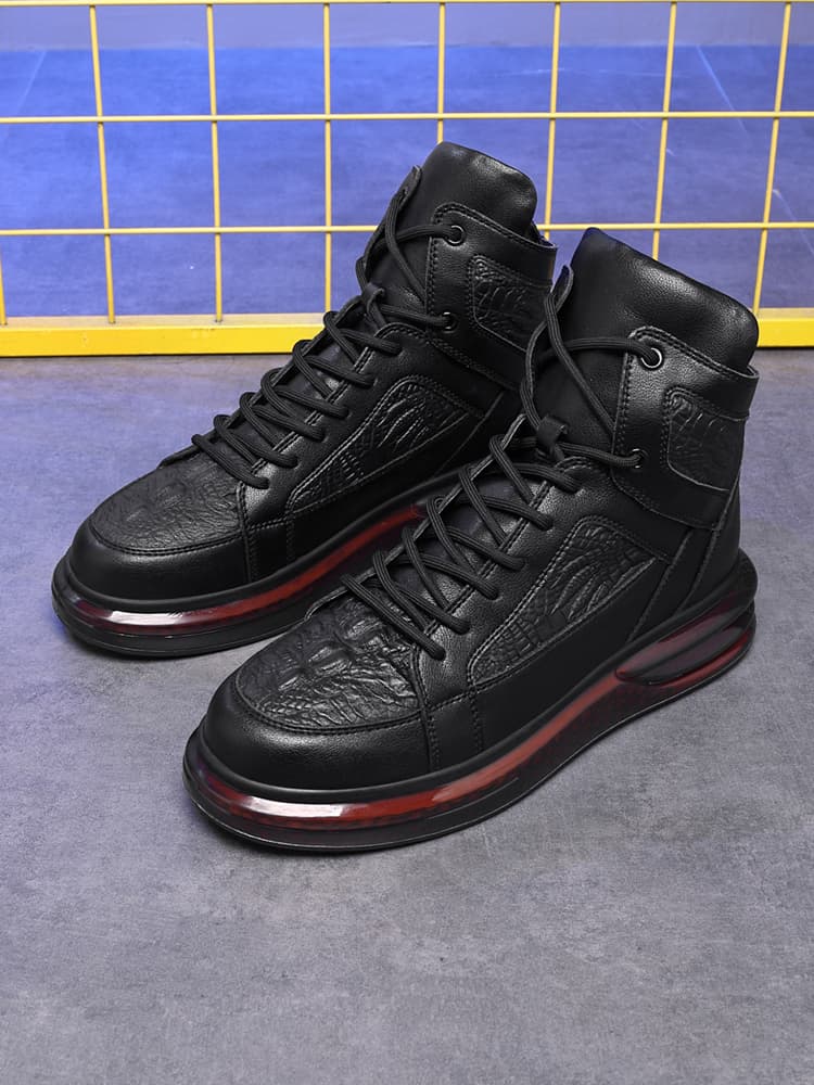 【ラグジュアリー・ストリート】ブラック・クロコダイル型押しスニーカー | ビジブルエアソール ハイカットデザイン 異素材レイヤード モード・カジュアル