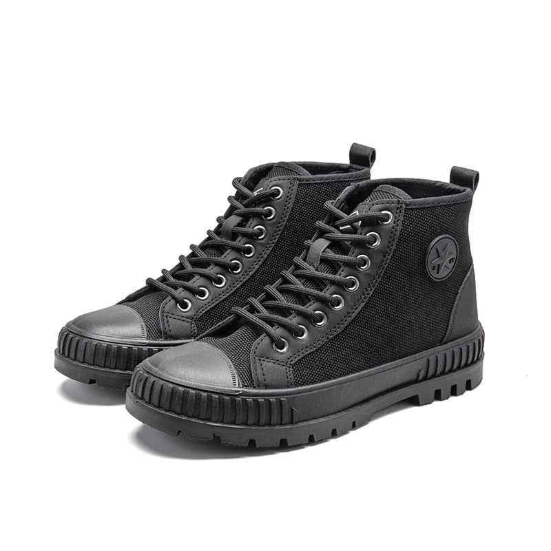 【漆黒の堅牢美】オールブラック ハイカットスニーカー | 厚底 ミリタリーソール 異素材コンビ タフデザイン