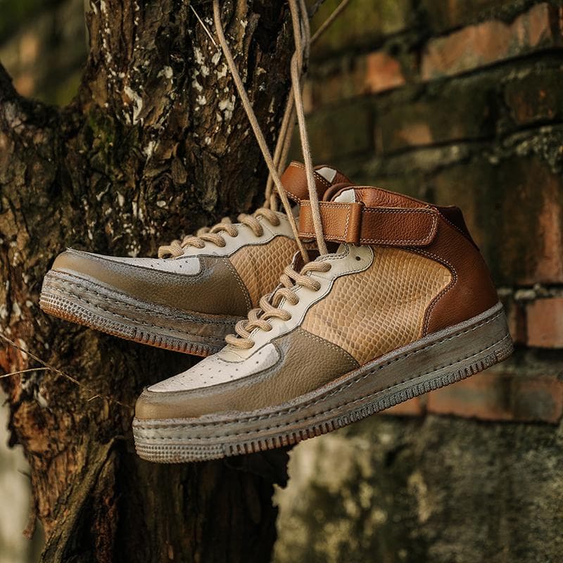 ハイカットスニーカー 定番 おしゃれ 職人魂 本革パッチワーク 高級感 ヴィンテージ加工 カジュアル かっこいい トレッキング 安定感