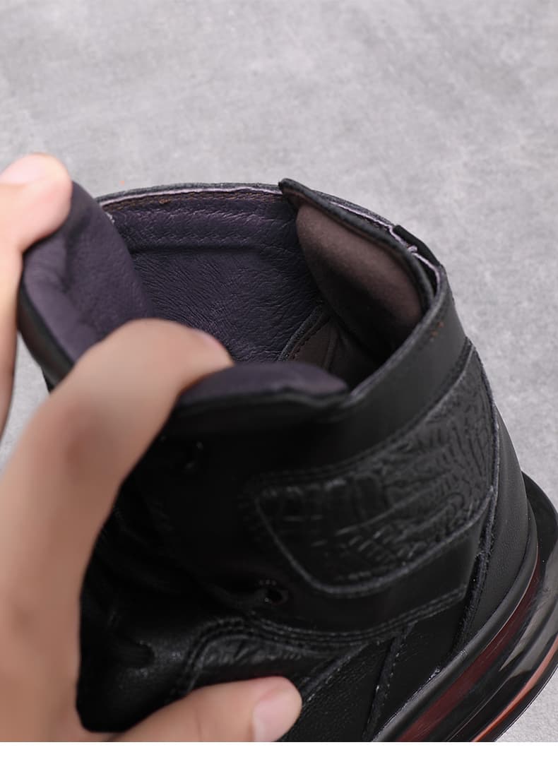 【ラグジュアリー・ストリート】ブラック・クロコダイル型押しスニーカー | ビジブルエアソール ハイカットデザイン 異素材レイヤード モード・カジュアル