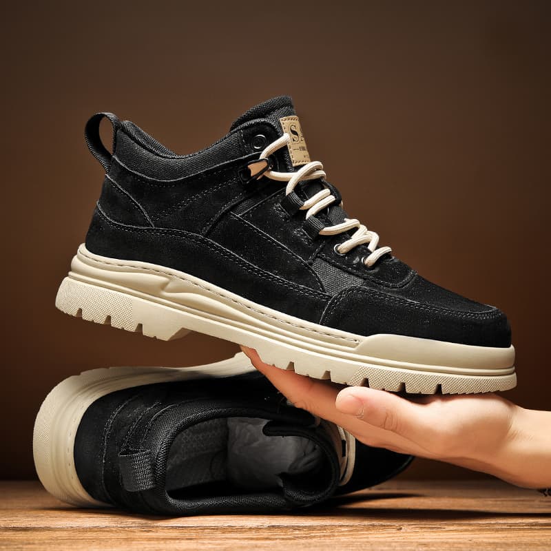 ハイカットスニーカー スエード調 耐久性 厚底ソール 日常使い アウトドア クッション性 グリップ力 スタイリッシュ レースアップデザイン