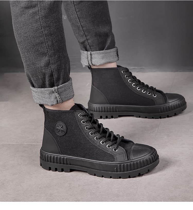 【漆黒の堅牢美】オールブラック ハイカットスニーカー | 厚底 ミリタリーソール 異素材コンビ タフデザイン