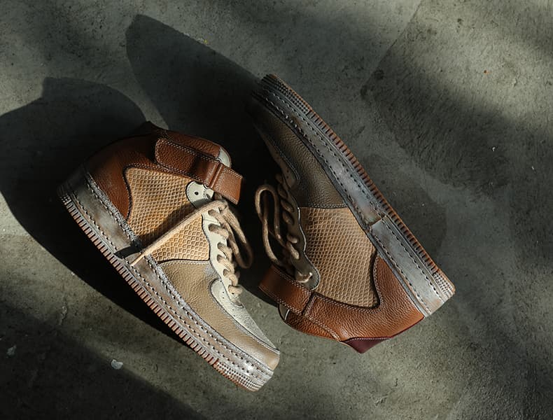 ハイカットスニーカー 定番 おしゃれ 職人魂 本革パッチワーク 高級感 ヴィンテージ加工 カジュアル かっこいい トレッキング 安定感