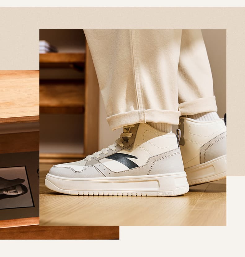 【スカイ・コンラスト】ミッドカット バスケットスニーカー オフホワイト×ブルー | スムースレザー・レイヤード ヘリテージ・スポーツ