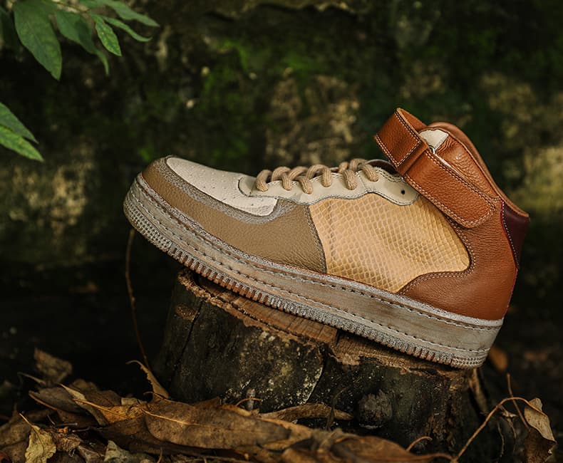 ハイカットスニーカー 定番 おしゃれ 職人魂 本革パッチワーク 高級感 ヴィンテージ加工 カジュアル かっこいい トレッキング 安定感