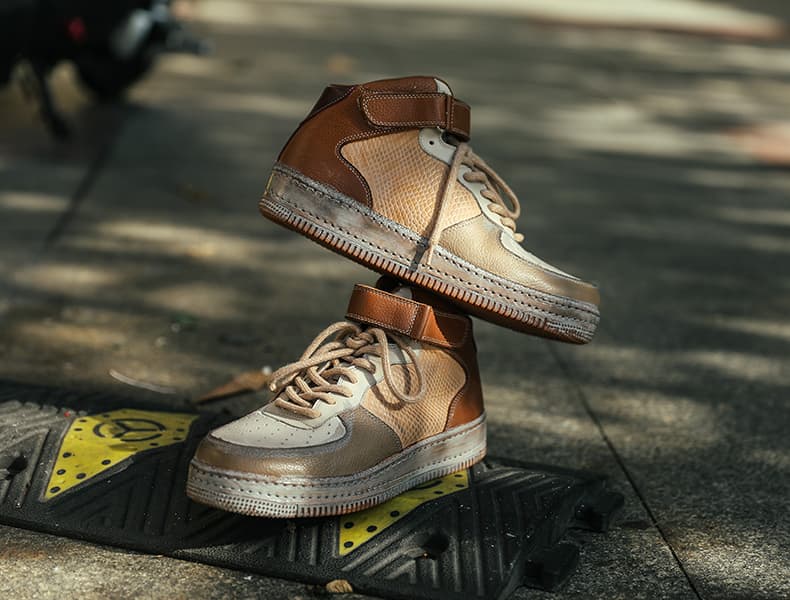 ハイカットスニーカー 定番 おしゃれ 職人魂 本革パッチワーク 高級感 ヴィンテージ加工 カジュアル かっこいい トレッキング 安定感