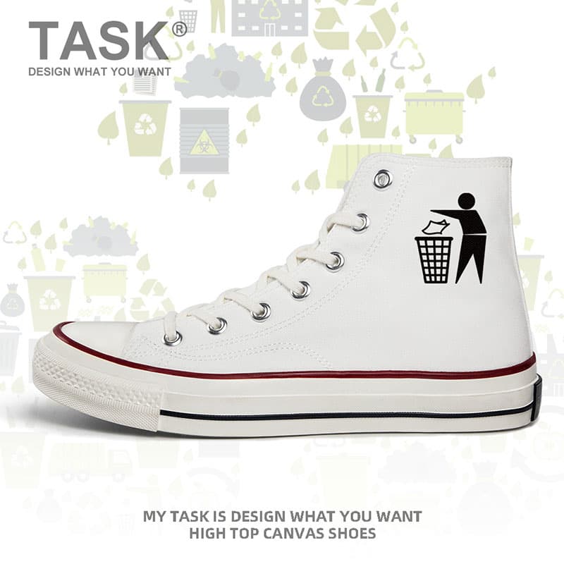 【サステナブル・メッセージ】ホワイトキャンバス・ハイカットスニーカー | リサイクルピクトグラム・プリント 　ストリート