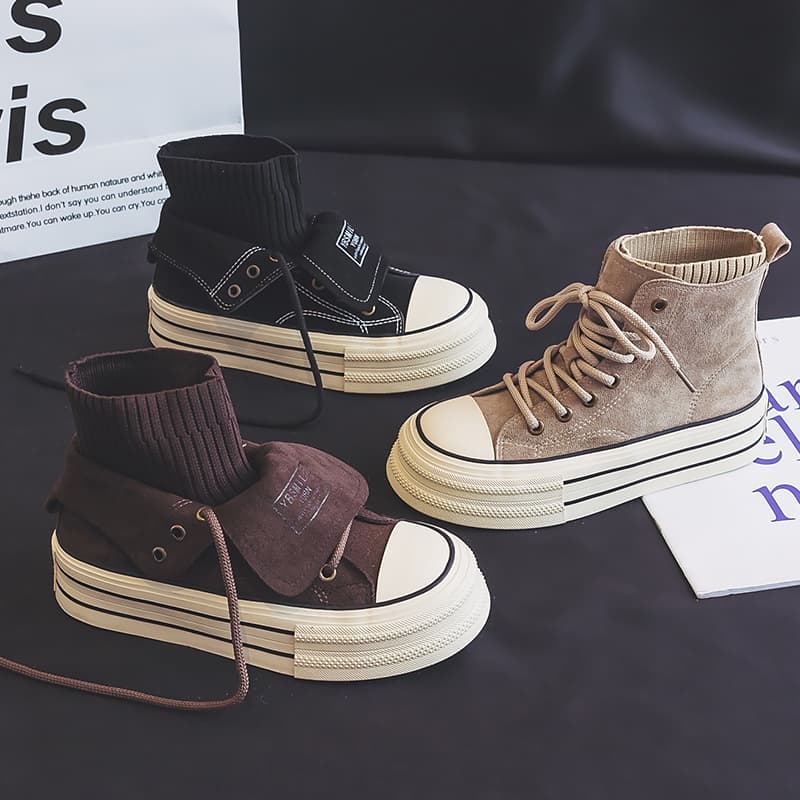 ハイカットスニーカー 二重襟ニット 厚底ソール カジュアル 安定感 スタイルアップ おしゃれ デイリーユース ニット素材 脚長効果