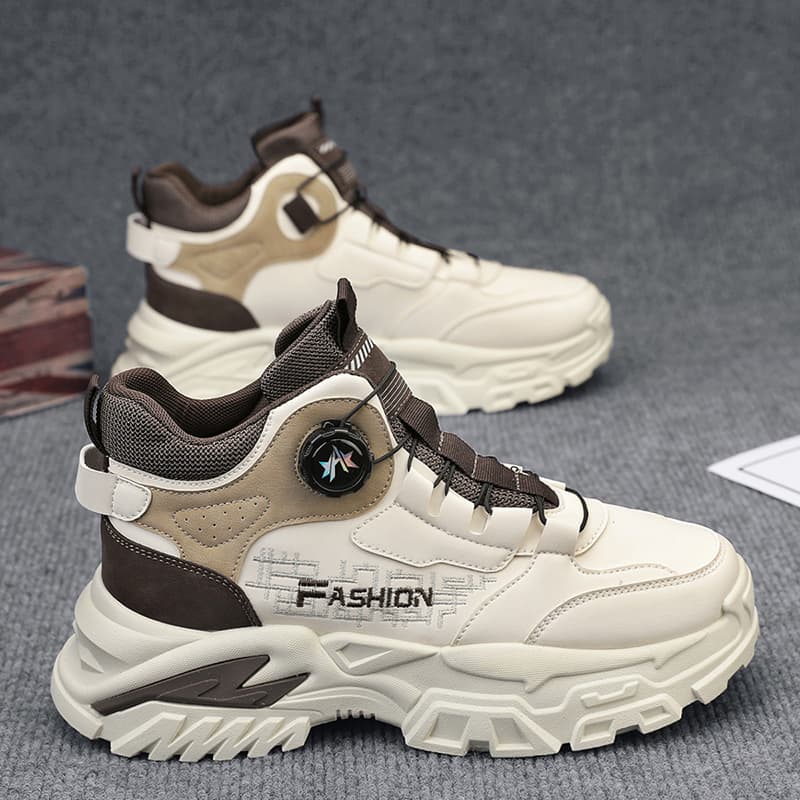 【ハイテク・アーバン】ダイヤル式フリーロック・ダッドスニーカー エクリュ×ダークブラウン | 多層パネル構造 ギザギザ・チャンキーソール ストリート・テックウェア