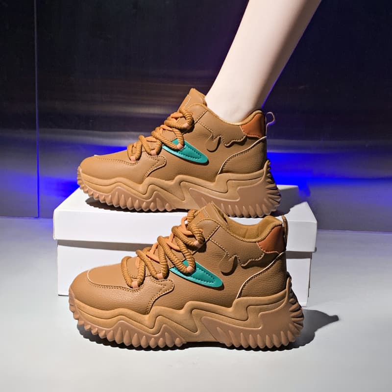 【ポップ・ボリューム】厚底スニーカー ベージュ×オレンジ | チャンキーソール 異素材ミックス カジュアル ストリート