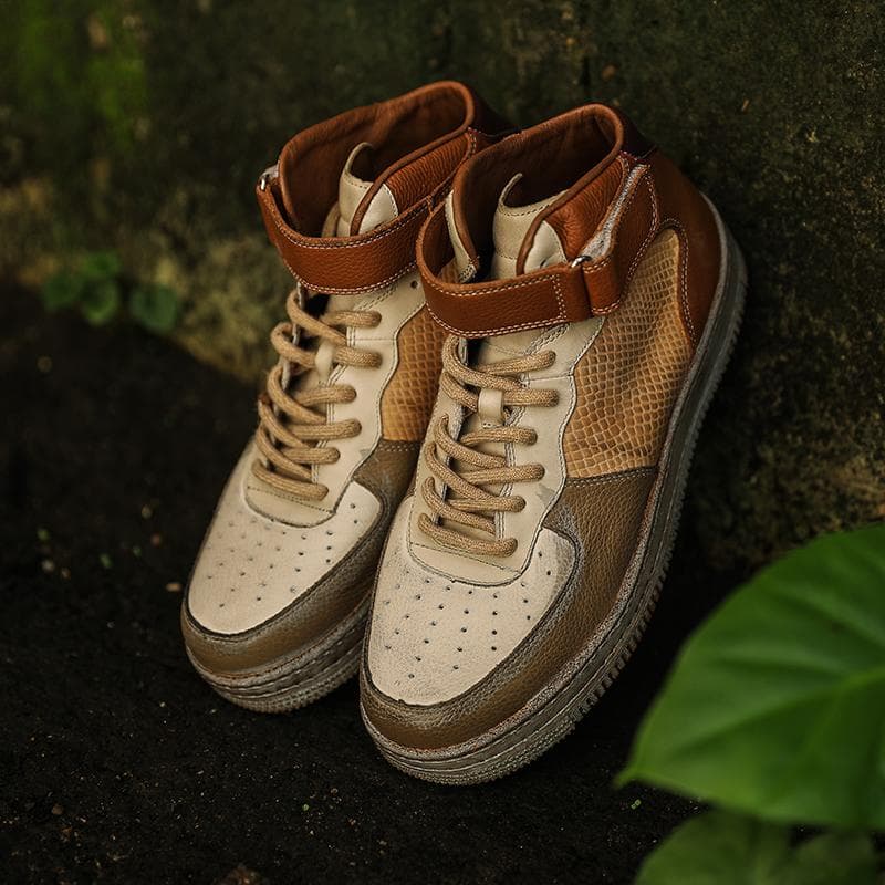 ハイカットスニーカー 定番 おしゃれ 職人魂 本革パッチワーク 高級感 ヴィンテージ加工 カジュアル かっこいい トレッキング 安定感