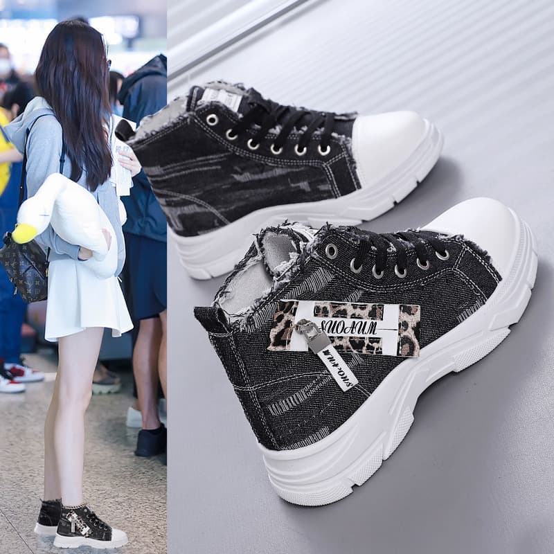 ハイカットスニーカー ダメージデニム 厚底ソール カジュアル デイリーコーデ スタイルアップ かわいい 学校 日常使い 履きやすい