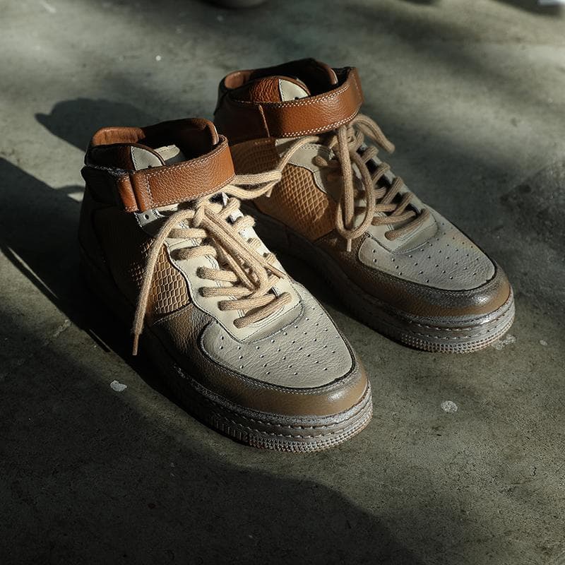 ハイカットスニーカー 定番 おしゃれ 職人魂 本革パッチワーク 高級感 ヴィンテージ加工 カジュアル かっこいい トレッキング 安定感