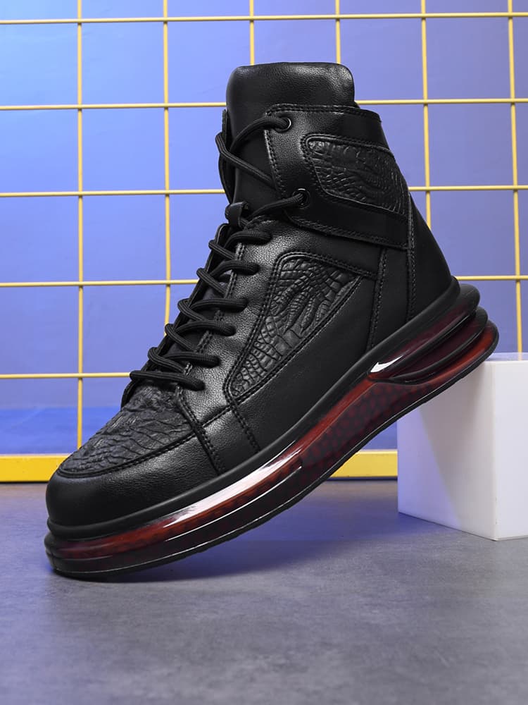 【ラグジュアリー・ストリート】ブラック・クロコダイル型押しスニーカー | ビジブルエアソール ハイカットデザイン 異素材レイヤード モード・カジュアル