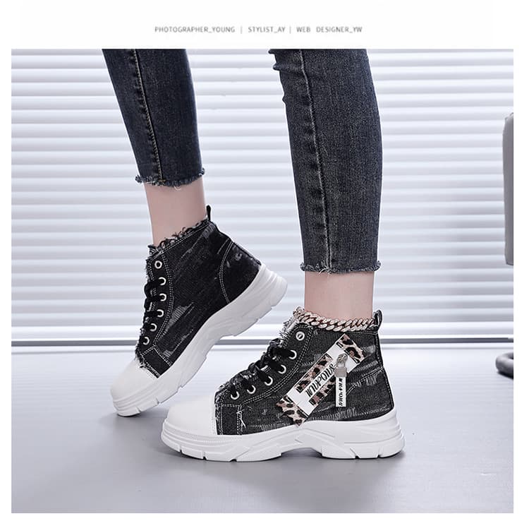 ハイカットスニーカー ダメージデニム 厚底ソール カジュアル デイリーコーデ スタイルアップ かわいい 学校 日常使い 履きやすい