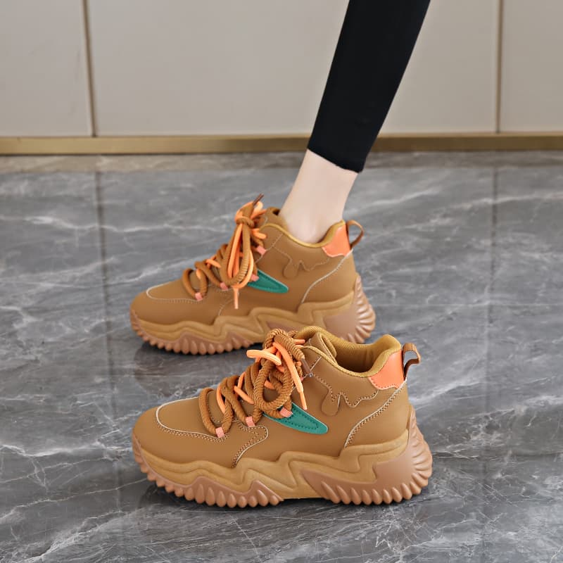 【ポップ・ボリューム】厚底スニーカー ベージュ×オレンジ | チャンキーソール 異素材ミックス カジュアル ストリート